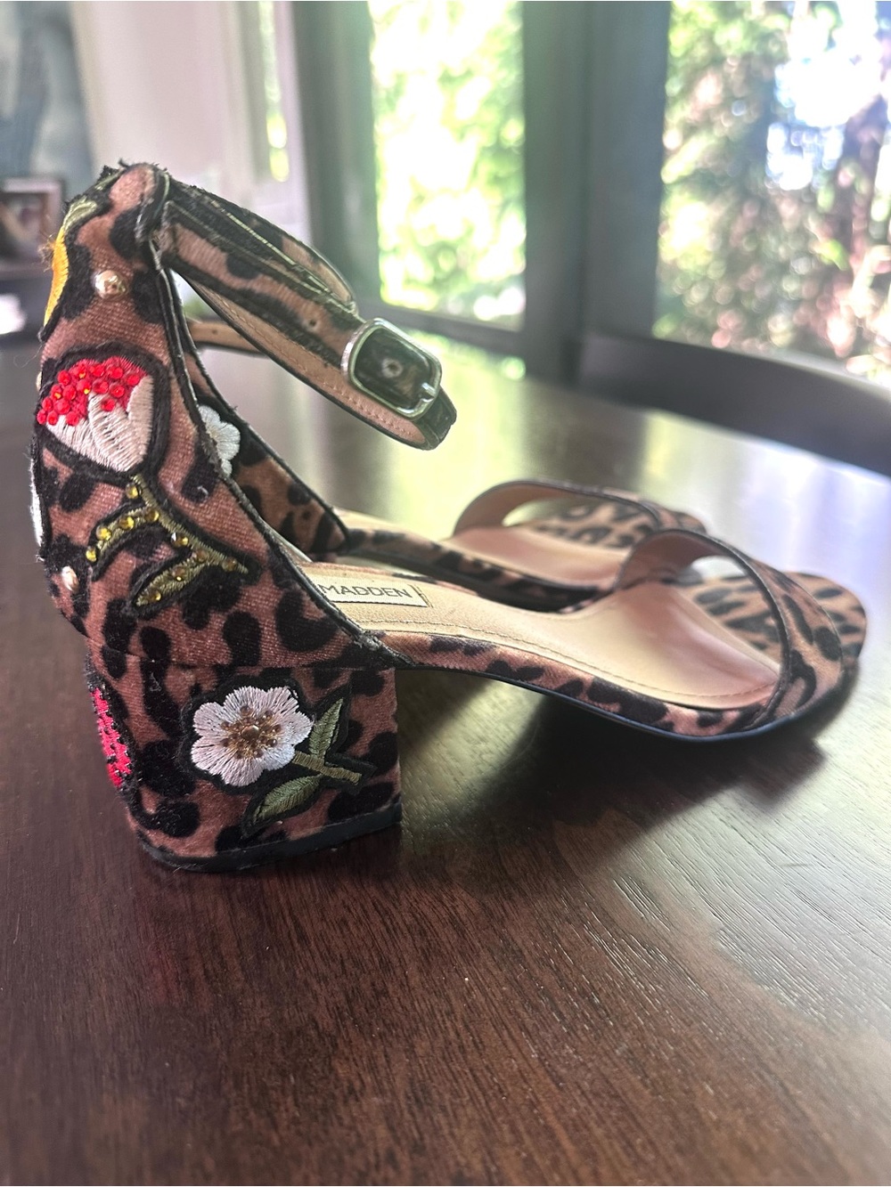 Steve Madden Leopard Floral Embroidered Ankle Strap Block Heel Sandal Brown 8